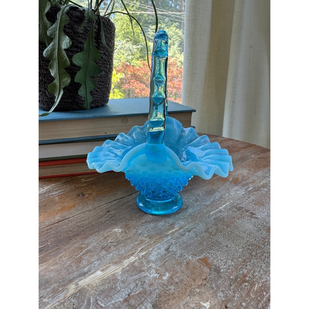 Fenton Blue Opalescent Hobnail Glass Basket Ruffled Edge Twisted Handle 6 inch
